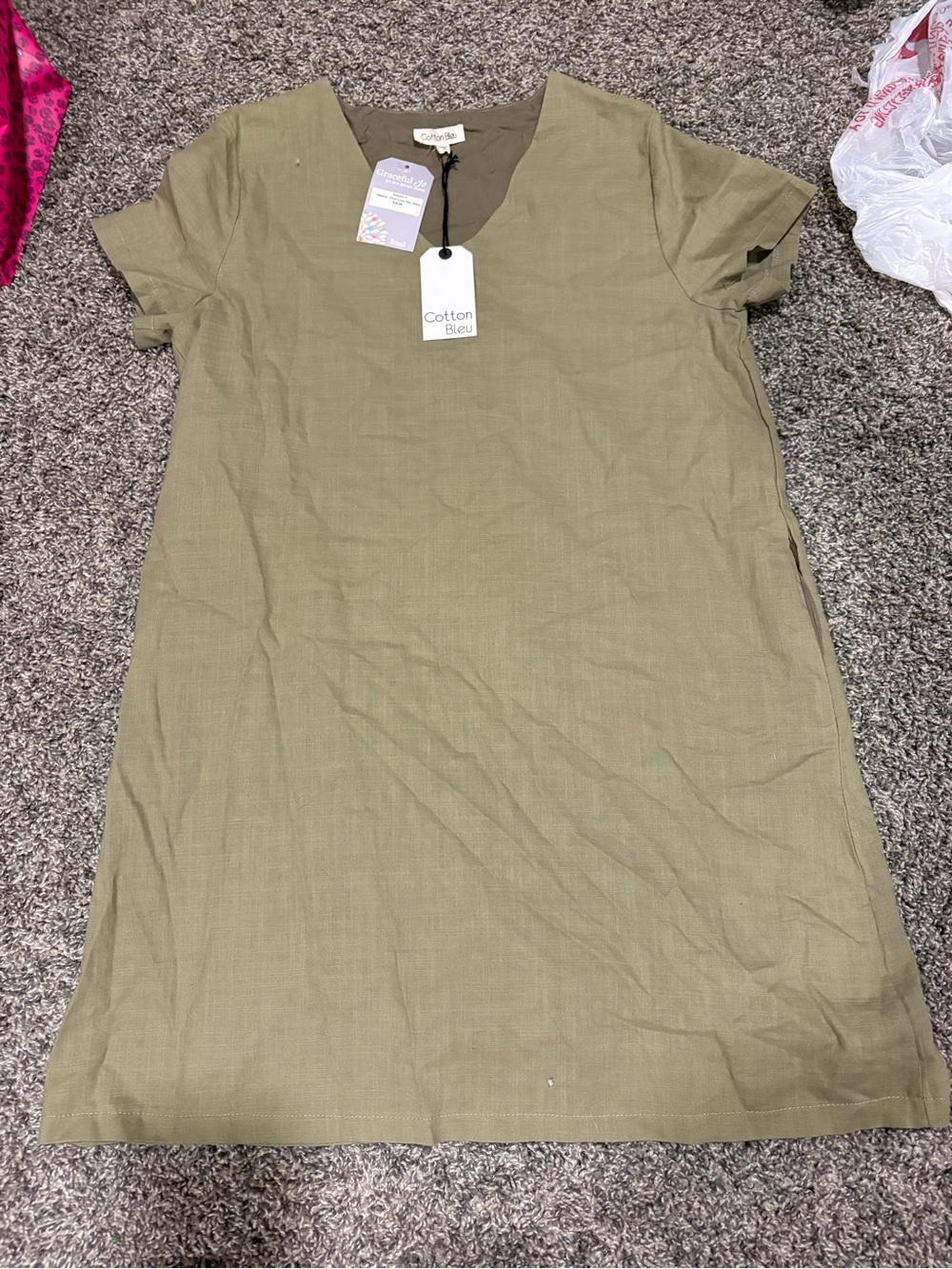 Cotton Bleu Olive Green V-Neck Shift Dress